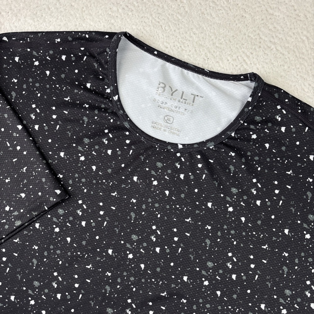 BYLT Drop Cut SS Performance T-Shirt Mens XL Black Paint Splatter Athletic Tee